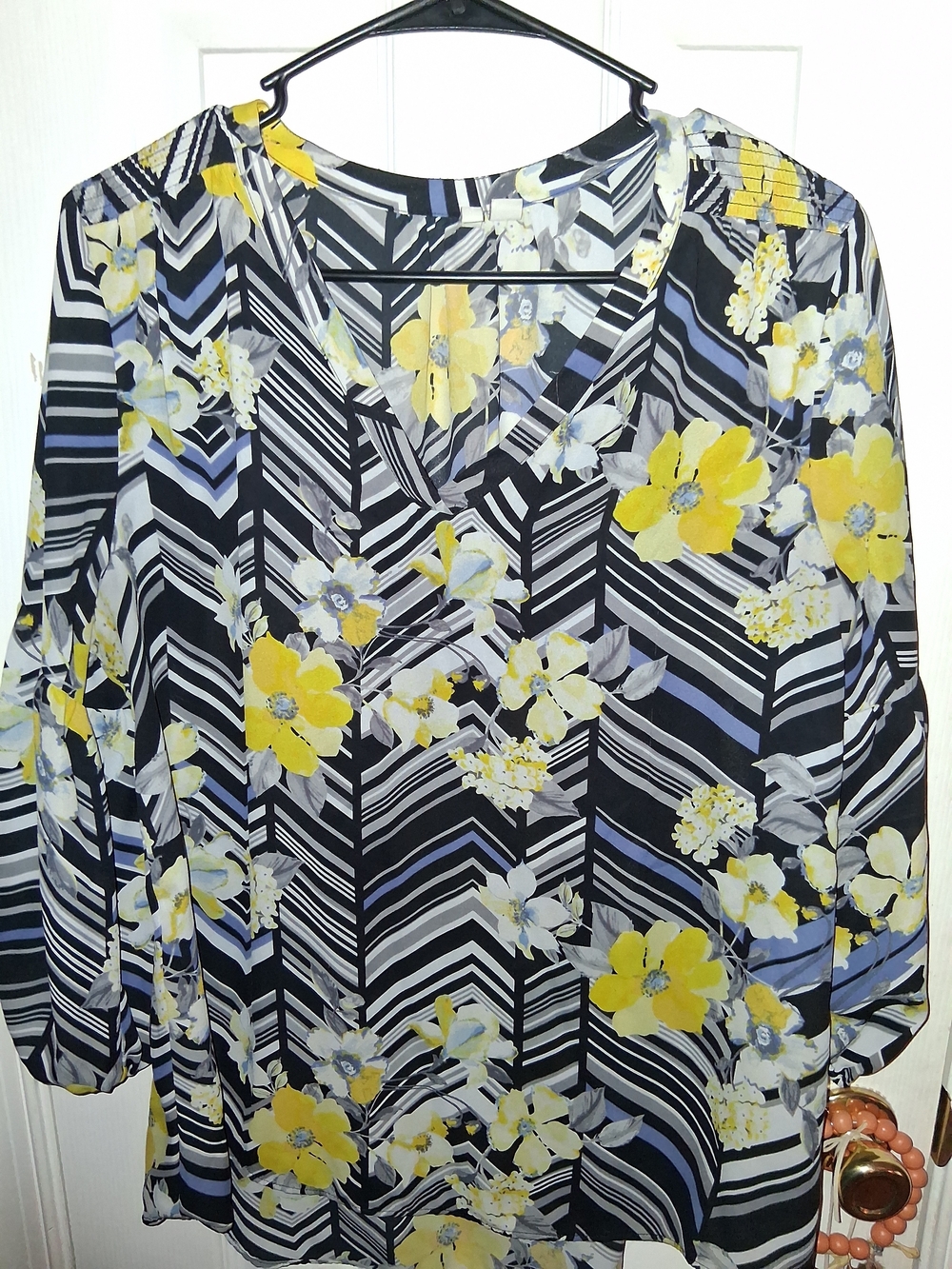 Women’s Floral V-Neck Blouse in Black and Yellow